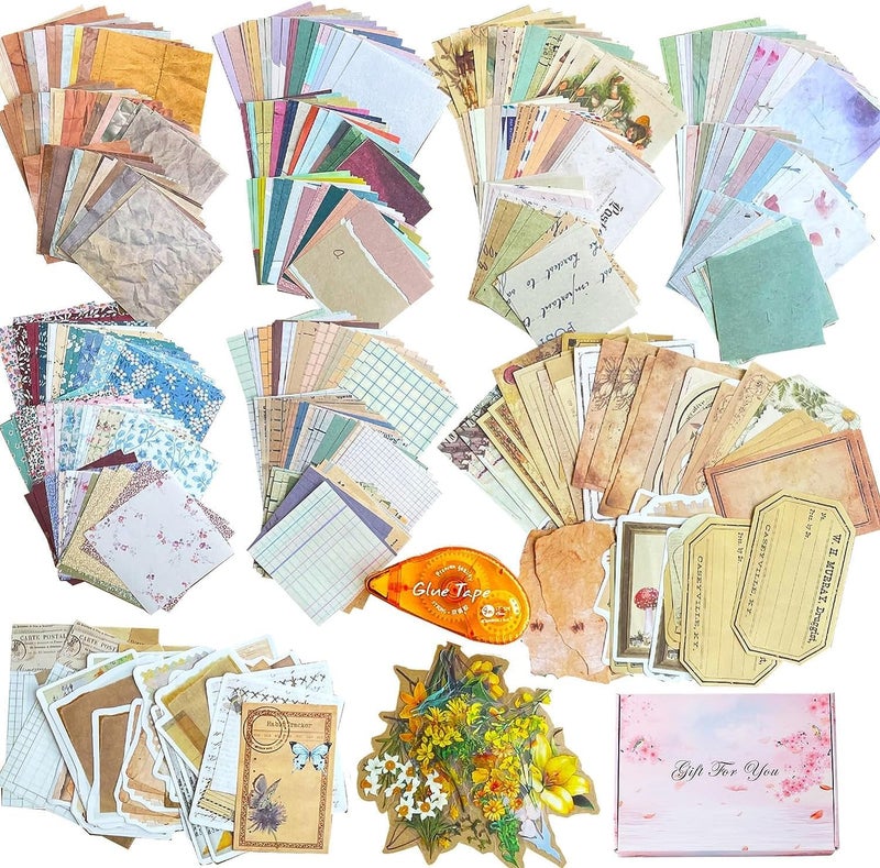 BLEDS 501PCS Vintage Scrapbook Paper, Scrapbooking Supplies Set Journaling Kit Include 460pcs Thin Decorative Paper, 40pcs Flower Stickers, and 1 Double-Side Adhesive Tape for Junk Journal Ephemera Planner - Image 1